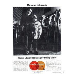 1972 Master Charge Down Hill Racers Vintage Print Ad Snow Ski Family Wall Art